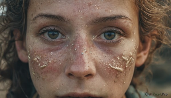 1girl,solo,looking at viewer,brown hair,1boy,brown eyes,closed mouth,male focus,blurry,lips,eyelashes,depth of field,blurry background,portrait,close-up,freckles,reflection,realistic,eye focus,dirty,dirty face