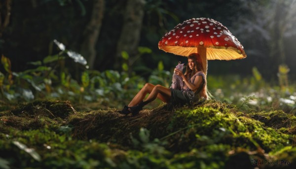 1girl,solo,long hair,brown hair,black hair,holding,sitting,closed eyes,pantyhose,boots,outdoors,shoes,shorts,black footwear,blurry,tree,depth of field,blurry background,animal,sunlight,cat,plant,nature,scenery,forest,minigirl,realistic,ankle boots,mushroom,holding animal,moss,skirt,sleeveless,leaf,umbrella,grass,rain,wide shot