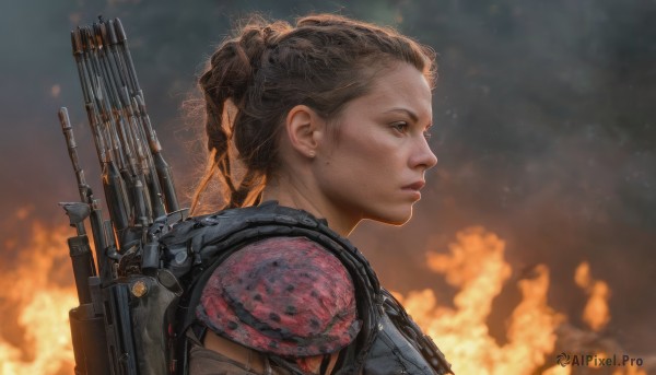 1girl,solo,short hair,brown hair,brown eyes,closed mouth,upper body,braid,hair bun,armor,blurry,from side,lips,profile,blurry background,fire,portrait,freckles,science fiction,realistic,nose,arrow (projectile),quiver,smoke,machinery,bow (weapon)