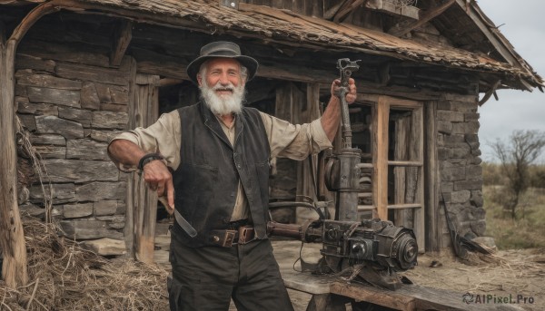 solo,looking at viewer,smile,open mouth,shirt,1boy,hat,holding,jewelry,standing,white shirt,white hair,male focus,outdoors,sky,day,belt,pants,vest,tree,black headwear,facial hair,black pants,building,beard,buckle,sleeves rolled up,watch,black vest,belt buckle,mustache,camera,brown belt,brown pants,house,old,old man,brown vest,long sleeves,weapon,cowboy shot,open clothes,collared shirt,gun,window,dress shirt,smoke,black belt,realistic,door,smoking,wristwatch,smoking pipe,cowboy hat,grey sky,cowboy western,wood