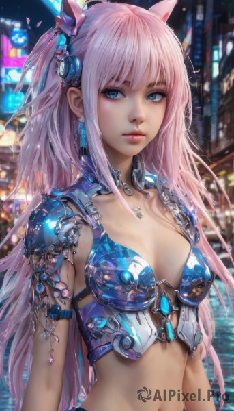 1girl,solo,long hair,breasts,looking at viewer,bangs,blue eyes,hair ornament,navel,cleavage,jewelry,closed mouth,upper body,pink hair,earrings,small breasts,outdoors,midriff,water,armor,blurry,lips,night,blurry background,shoulder armor,realistic,bikini armor,animal ears,medium breasts,swimsuit,bikini,necklace,stomach,two side up,eyelashes,makeup,headgear,watermark,expressionless,building,gem,armlet,science fiction,city,nose,arms at sides,cyberpunk