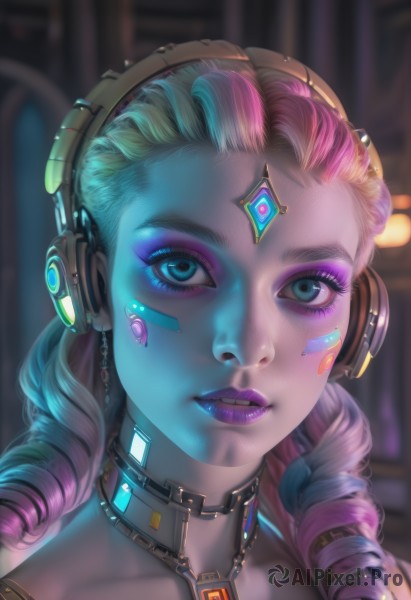 1girl,solo,long hair,looking at viewer,blue eyes,blonde hair,jewelry,blue hair,collarbone,pink hair,purple hair,multicolored hair,earrings,parted lips,teeth,choker,artist name,necklace,blurry,two-tone hair,lips,eyelashes,tattoo,gradient hair,makeup,blurry background,glowing,headphones,black choker,facial mark,drill hair,lipstick,gem,portrait,twin drills,eyeshadow,nose,eyeliner,purple lips,mascara,cyberpunk,k/da (league of legends),green hair,official alternate costume,aqua hair,bandaid,forehead,realistic,bandaid on face,forehead jewel