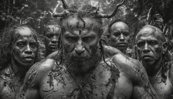 looking at viewer,jewelry,closed mouth,monochrome,upper body,greyscale,male focus,multiple boys,horns,necklace,blurry,blood,muscular,blurry background,facial hair,beard,6+boys,realistic,mustache,antlers,bald,dark skin,tattoo,scar,dark-skinned male,muscular male,topless male,5boys,manly,chest hair,bodypaint