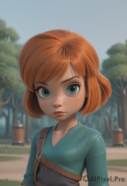 1girl,solo,looking at viewer,short hair,bangs,blue eyes,brown hair,shirt,closed mouth,green eyes,upper body,outdoors,day,artist name,orange hair,blurry,flat chest,tree,lips,eyelashes,blurry background,swept bangs,blue shirt,child,freckles,green shirt,female child,overalls,red hair,watermark,bob cut,nose