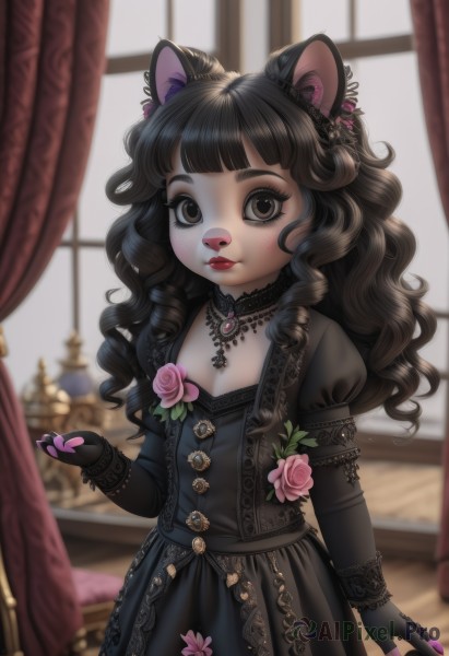 1girl,solo,long hair,looking at viewer,bangs,brown hair,black hair,hair ornament,gloves,long sleeves,dress,animal ears,brown eyes,jewelry,closed mouth,standing,flower,short sleeves,frills,choker,black gloves,puffy sleeves,artist name,indoors,cat ears,blunt bangs,necklace,blurry,black eyes,black dress,flat chest,puffy short sleeves,lips,window,makeup,depth of field,blurry background,rose,wavy hair,cat girl,curtains,juliet sleeves,lace trim,lace,furry,pink flower,curly hair,lolita fashion,animal hands,furry female,gothic lolita,pink rose,animal nose,cleavage,nail polish,drill hair,lipstick,red lips,body fur,gothic