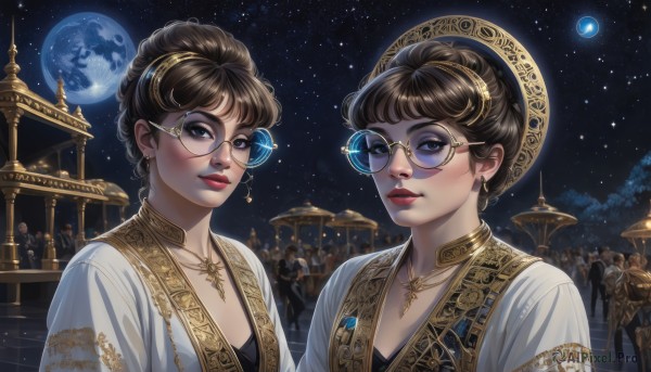 looking at viewer,smile,short hair,bangs,multiple girls,brown hair,dress,2girls,brown eyes,jewelry,closed mouth,upper body,hairband,earrings,outdoors,multiple boys,sky,glasses,necklace,hair bun,star (symbol),lips,eyelashes,makeup,night,siblings,moon,single hair bun,sunglasses,lipstick,sisters,gem,star (sky),night sky,full moon,eyeshadow,starry sky,6+boys,gold trim,twins,robe,stairs,nose,round eyewear,red lips,space,architecture,planet,gold,yellow-framed eyewear,breasts,blue eyes,black hair,hair ornament,cleavage,parted lips,6+girls,realistic,crowd