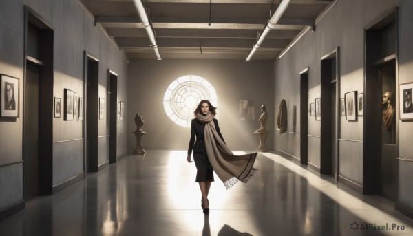 1girl,solo,long hair,looking at viewer,short hair,skirt,black hair,long sleeves,dress,standing,jacket,pantyhose,boots,indoors,black skirt,scarf,black footwear,black eyes,window,shadow,formal,sunlight,scenery,reflection,walking,light rays,door,arms at sides,light,wide shot,fringe trim,brown scarf,hallway,brown hair,cape,black dress,cloak