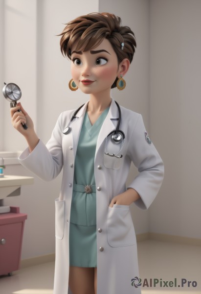 1girl,solo,blush,smile,short hair,skirt,brown hair,hair ornament,long sleeves,dress,holding,brown eyes,jewelry,standing,pantyhose,cowboy shot,earrings,hairclip,indoors,hand up,lips,makeup,pencil skirt,freckles,hand in pocket,labcoat,stethoscope,doctor,blue dress,looking away,green dress,nose