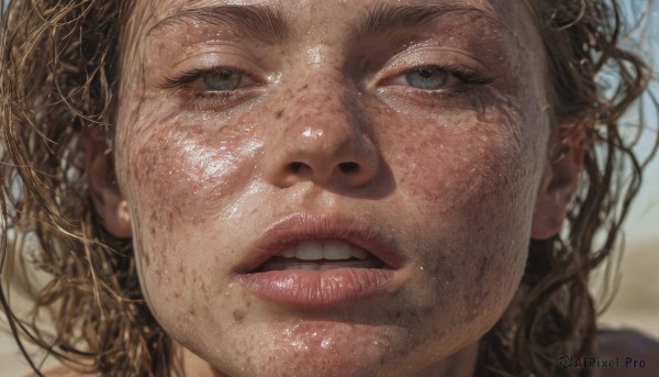 1girl,solo,long hair,looking at viewer,open mouth,blue eyes,brown hair,parted lips,teeth,blurry,lips,grey eyes,eyelashes,blurry background,upper teeth only,looking up,portrait,close-up,freckles,realistic,nose,blonde hair,clenched teeth,messy hair