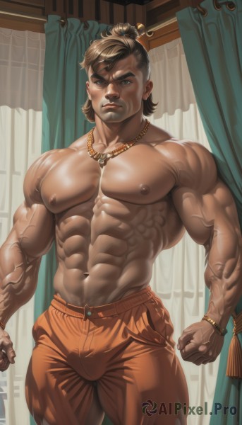 solo,looking at viewer,short hair,blue eyes,blonde hair,brown hair,hair ornament,1boy,navel,jewelry,closed mouth,nipples,standing,male focus,thighs,cowboy shot,pants,artist name,indoors,dark skin,necklace,stomach,bracelet,lips,muscular,facial hair,thick thighs,abs,thick eyebrows,pectorals,curtains,muscular male,bara,clenched hands,large pectorals,veins,beads,bulge,topless male,mature male,realistic,manly,biceps,navel hair,obliques,thick arms,veiny arms,brown eyes,clenched hand,hair stick,orange pants