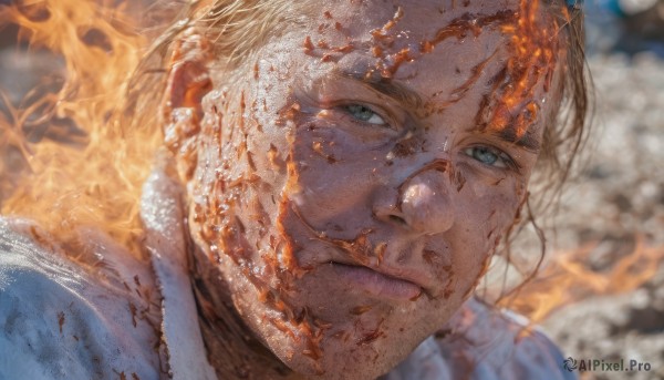 solo,looking at viewer,short hair,blue eyes,blonde hair,1boy,closed mouth,male focus,blurry,lips,blurry background,fire,portrait,realistic,burning,smile,green eyes,blood,depth of field,facial hair,close-up,injury,blood on face,dirty,dirty face