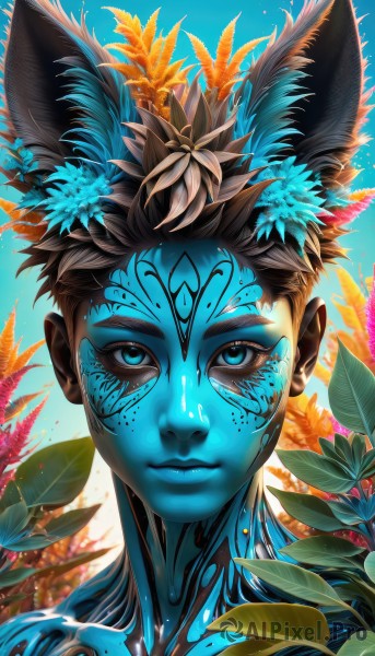 solo,looking at viewer,smile,short hair,blue eyes,brown hair,hair ornament,1boy,animal ears,closed mouth,flower,male focus,cat ears,lips,eyelashes,colored skin,leaf,blue background,facial mark,plant,portrait,blue skin,bodypaint,black hair,multicolored hair,sky,artist name,hair flower,dark skin,blue sky,animal ear fluff,tattoo,feathers,close-up,blue theme,feather hair ornament,facepaint,very dark skin,full-body tattoo