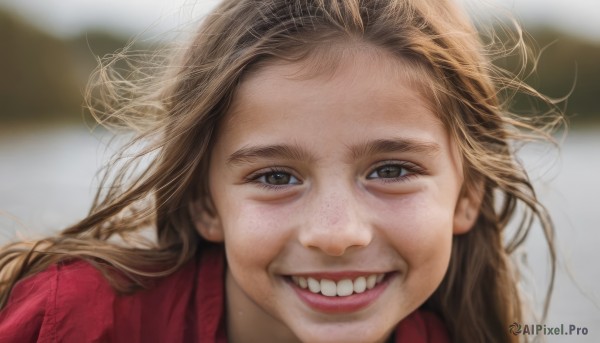 1girl,solo,long hair,looking at viewer,smile,open mouth,blonde hair,brown hair,brown eyes,teeth,signature,grin,blurry,lips,depth of field,blurry background,messy hair,portrait,freckles,realistic,:d,male focus,forehead,meme,nose,red sweater