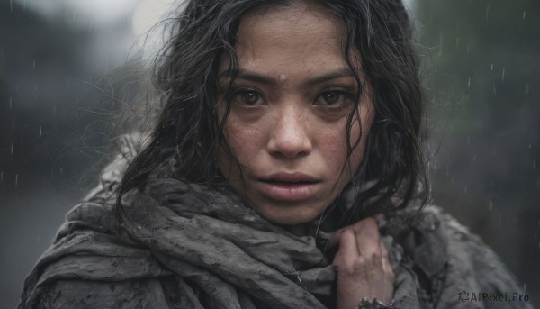 1girl,solo,long hair,looking at viewer,black hair,brown eyes,outdoors,parted lips,scarf,blurry,black eyes,lips,wet,depth of field,blurry background,messy hair,portrait,freckles,rain,realistic,nose,wet hair,grey scarf,close-up,forehead,dirty