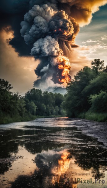 outdoors,sky,day,cloud,water,tree,no humans,cloudy sky,fire,nature,scenery,forest,smoke,reflection,sunset,bush,explosion,river,landscape,burning,red eyes,glowing,glowing eyes,monster