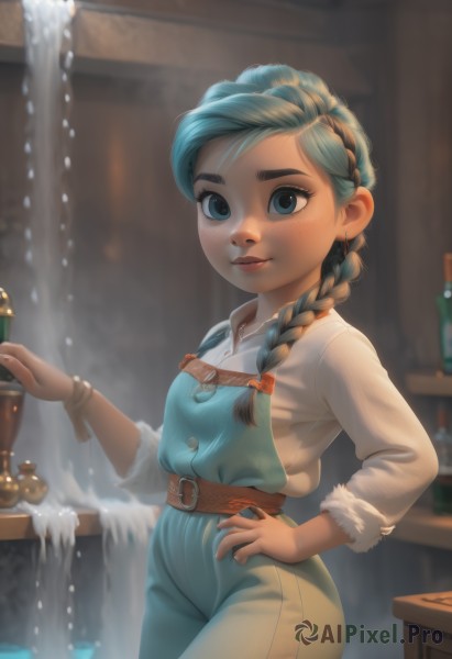 1girl,solo,long hair,looking at viewer,smile,blue eyes,shirt,long sleeves,jewelry,closed mouth,blue hair,white shirt,braid,cowboy shot,earrings,belt,artist name,indoors,water,blurry,lips,hand on hip,fur trim,single braid,aqua hair,blurry background,thick eyebrows,bottle,aged down,child,hair over shoulder,freckles,nose,stud earrings,brown belt,overalls,breasts,blush,bow,holding,standing,hair ribbon,pants,depth of field,watermark,web address,pouring