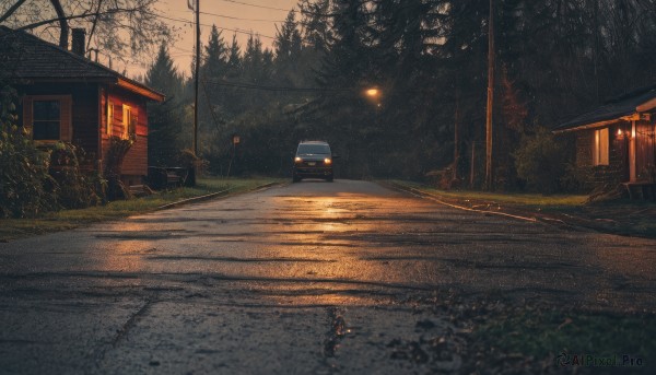 outdoors,sky,tree,no humans,window,night,grass,plant,ground vehicle,building,nature,scenery,motor vehicle,forest,fence,car,road,bush,house,power lines,lamppost,street,utility pole,sunset,sign,evening