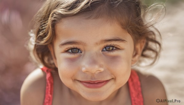 1girl,solo,looking at viewer,smile,short hair,brown hair,bare shoulders,brown eyes,closed mouth,blurry,lips,depth of field,blurry background,child,portrait,realistic,female child,old woman,blonde hair,hat,eyelashes,close-up