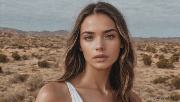 1girl,solo,long hair,looking at viewer,brown hair,bare shoulders,brown eyes,collarbone,upper body,outdoors,parted lips,sky,sleeveless,day,cloud,blurry,lips,blurry background,tank top,portrait,realistic,nose,field,white tank top,teeth,blue sky,thick eyebrows,forehead,desert