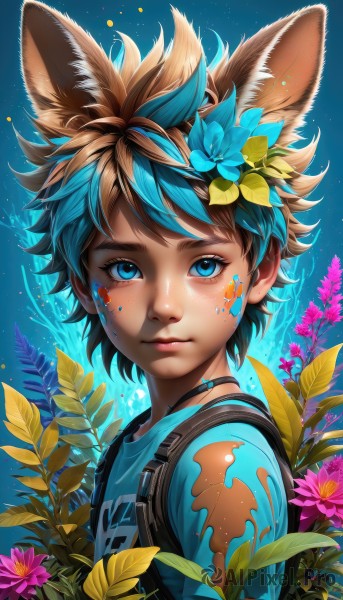 1girl,solo,looking at viewer,short hair,bangs,blue eyes,brown hair,shirt,hair ornament,1boy,animal ears,closed mouth,blue hair,upper body,flower,male focus,multicolored hair,outdoors,artist name,tears,hair flower,rabbit ears,two-tone hair,lips,streaked hair,fox ears,eyelashes,leaf,blue background,blue shirt,plant,extra ears,freckles,blue flower,yellow flower,nose,facepaint,paint splatter,paint,paint splatter on face,choker,from side,animal ear fluff,watermark,facial mark,thick eyebrows,spiked hair,t-shirt,messy hair,dog ears,web address,pink flower,strap,dirty,dirty face