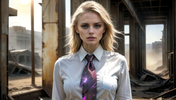 HQ,1girl,solo,long hair,breasts,looking at viewer,blue eyes,blonde hair,shirt,white shirt,upper body,parted lips,necktie,collared shirt,medium hair,lips,wet,bodysuit,sunlight,building,wet clothes,realistic,nose,ruins,superhero,purple necktie,spider web print,long sleeves,outdoors,day,signature,dress shirt,messy hair,striped necktie