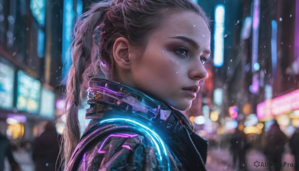 1girl, solo, long hair, blue eyes, brown hair, upper body, ponytail, blurry, from side, lips, profile, depth of field, blurry background, science fiction, realistic, nose, cyberpunk, neon lights