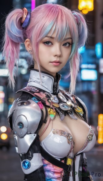 1girl,solo,breasts,looking at viewer,bangs,large breasts,hair ornament,cleavage,twintails,jewelry,medium breasts,closed mouth,upper body,pink hair,multicolored hair,earrings,blurry,lips,grey eyes,bodysuit,blurry background,zipper,science fiction,cyberpunk,short hair,blue eyes,blue hair,sidelocks,artist name,armor,eyelashes,depth of field,piercing,realistic,nose,android