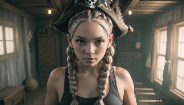 1girl,solo,long hair,breasts,looking at viewer,blonde hair,hat,bare shoulders,brown eyes,jewelry,closed mouth,collarbone,upper body,braid,multicolored hair,earrings,indoors,mole,blurry,twin braids,lips,window,black headwear,depth of field,blurry background,tank top,mole under mouth,hair over shoulder,forehead,freckles,realistic,nose,hat feather,pirate hat,pirate,sunlight,portrait,backlighting,skull and crossbones,mole on cheek,mole on body