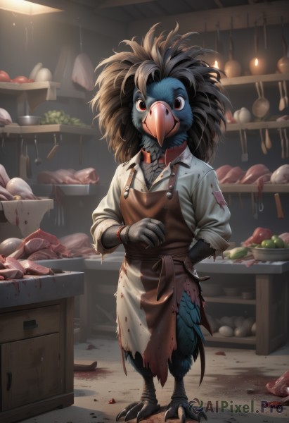 solo,long hair,looking at viewer,brown hair,shirt,black hair,red eyes,long sleeves,1boy,standing,tail,full body,white shirt,male focus,multicolored hair,food,artist name,indoors,apron,torn clothes,blood,fruit,colored skin,bird,feathers,claws,furry,1other,sleeves rolled up,apple,basket,furry male,blood on clothes,egg,dirty,shelf,meat,blood on hands,kitchen,bird tail,sleeves pushed up,vegetable,talons,beak,bird girl,counter,dirty clothes,animal feet,digitigrade,brown apron,gloves,brown eyes,collared shirt,no humans,mask,knife,plate,mushroom,black feathers,potato,cutting board,onion