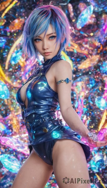 1girl,solo,breasts,looking at viewer,short hair,bangs,blue eyes,cleavage,bare shoulders,jewelry,medium breasts,blue hair,standing,thighs,multicolored hair,cowboy shot,sleeveless,shiny,blurry,bracelet,leotard,lips,clothing cutout,blurry background,arms behind back,cleavage cutout,gem,armlet,crystal,realistic,closed mouth,small breasts,shiny skin,watermark,armband,web address,zipper,shiny clothes