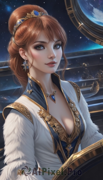 1girl,solo,long hair,breasts,looking at viewer,blush,smile,brown hair,hair ornament,dress,cleavage,brown eyes,jewelry,medium breasts,collarbone,upper body,earrings,sky,necklace,hair bun,star (symbol),white dress,lips,fur trim,single hair bun,tiara,gem,instrument,star (sky),pendant,starry sky,realistic,nose,red lips,space,planet,earth (planet),piano,bangs,makeup