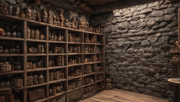 indoors,cup,no humans,table,bottle,scenery,wooden floor,wall,brick wall,shelf,jar,shop,bar (place),barrel,stone wall,crate,chair,bookshelf,stool,counter,wood,loaded interior