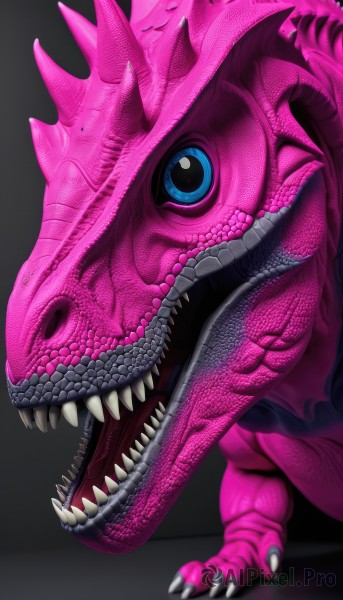 solo,open mouth,blue eyes,simple background,standing,tail,full body,horns,teeth,tongue,no humans,fangs,sharp teeth,black background,claws,monster,dragon,scales,creature,pink theme,extra eyes,pink skin,digimon (creature),dinosaur,looking at viewer,pokemon (creature),realistic