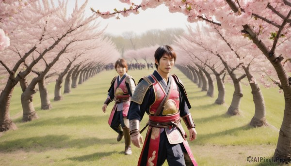 1girl,smile,short hair,brown hair,black hair,1boy,closed eyes,weapon,outdoors,japanese clothes,multiple boys,sword,2boys,kimono,armor,tree,sash,petals,grass,cherry blossoms,shoulder armor,nature,walking,japanese armor,gloves,day,scenery