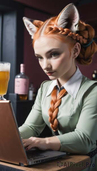 1girl,solo,long hair,looking at viewer,brown hair,long sleeves,dress,animal ears,brown eyes,jewelry,sitting,closed mouth,upper body,braid,earrings,necktie,artist name,indoors,cat ears,orange hair,blurry,cup,lips,animal ear fluff,single braid,blurry background,hair over shoulder,alcohol,freckles,green dress,mug,realistic,red lips,computer,beer,hair pulled back,laptop,breasts,shirt,green eyes,signature,nail polish,fingernails,watermark,piercing,table,bottle,ear piercing,web address,drinking glass,braided ponytail,nose,hair behind ear