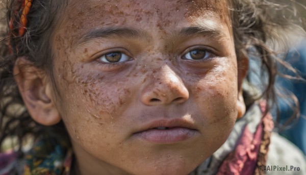 1girl,solo,looking at viewer,brown hair,brown eyes,frills,parted lips,teeth,blurry,lips,depth of field,blurry background,portrait,close-up,freckles,realistic,nose,dirty,black hair,sweat,looking up