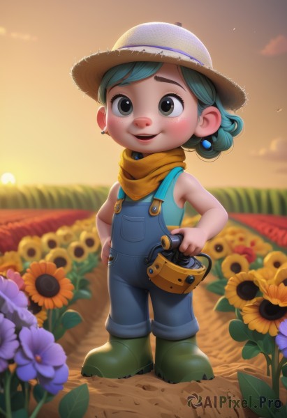 1girl,solo,looking at viewer,blush,smile,short hair,open mouth,hat,holding,jewelry,blue hair,standing,full body,weapon,flower,:d,earrings,boots,outdoors,green hair,sky,teeth,sleeveless,artist name,scarf,blurry,black eyes,hand on hip,gun,grey eyes,aqua hair,blurry background,child,freckles,sun hat,sunset,hands on hips,yellow flower,purple flower,straw hat,sunflower,female child,overalls,field,green footwear,flower field,rubber boots,watering can