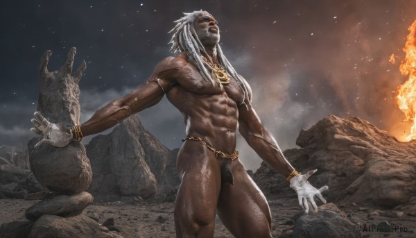 solo,long hair,gloves,1boy,navel,jewelry,underwear,nipples,white hair,male focus,thighs,outdoors,sky,white gloves,dark skin,necklace,stomach,bracelet,muscular,night,facial hair,thick thighs,abs,dark-skinned male,fire,looking up,pectorals,muscular male,star (sky),night sky,bara,beard,armlet,starry sky,large pectorals,bulge,topless male,rock,mature male,manly,loincloth,navel hair,looking to the side,pubic hair,tattoo,feet out of frame,piercing,thick eyebrows,male pubic hair,arm tattoo,male underwear,old man,biceps,thick arms,black male underwear