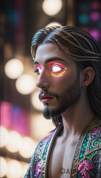 solo,long hair,looking at viewer,black hair,1boy,jewelry,collarbone,upper body,male focus,earrings,parted lips,dark skin,blurry,lips,makeup,depth of field,blurry background,glowing,facial hair,dark-skinned male,thick eyebrows,portrait,beard,eyeshadow,mature male,nose,chest hair,dreadlocks,artist name,from side,eyelashes,tattoo,pectorals,glowing eyes,mustache,no pupils,bokeh