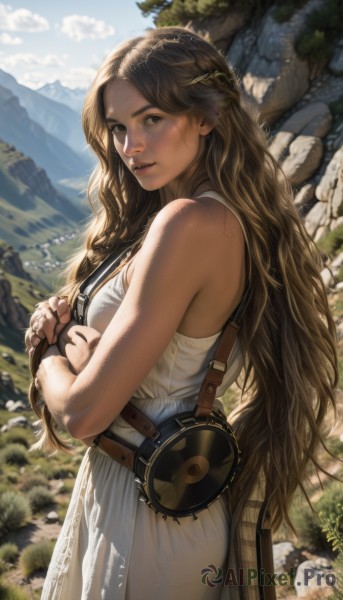 1girl,solo,long hair,breasts,looking at viewer,brown hair,hair ornament,dress,bare shoulders,brown eyes,very long hair,standing,braid,cowboy shot,outdoors,parted lips,sky,sleeveless,day,belt,artist name,cloud,signature,white dress,from side,tree,blue sky,lips,looking to the side,sleeveless dress,wavy hair,own hands together,freckles,rock,mountain,realistic,nose,strap,holding,animal,sunlight,nature,forest,holding animal