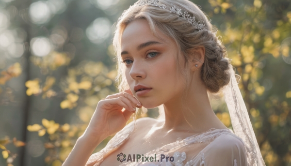 1girl,solo,looking at viewer,blue eyes,blonde hair,dress,jewelry,upper body,earrings,parted lips,hand up,hair bun,white dress,blurry,lips,see-through,depth of field,blurry background,single hair bun,portrait,veil,wedding dress,realistic,nose,bridal veil,bride,bokeh,collarbone,eyelashes,tiara,updo