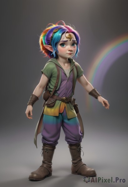 1girl,solo,looking at viewer,short hair,blue eyes,shirt,jewelry,closed mouth,blue hair,standing,full body,ponytail,pink hair,purple hair,short sleeves,multicolored hair,boots,pointy ears,belt,pants,flat chest,two-tone hair,lips,brown footwear,knee boots,wristband,child,pouch,nose,female child,bracer,forehead jewel,rainbow,blush,hood,bag,vest,watermark,knife,freckles,dagger