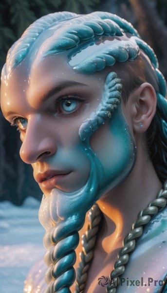 1girl,solo,long hair,looking at viewer,blue eyes,black hair,jewelry,closed mouth,braid,earrings,outdoors,artist name,necklace,blurry,twin braids,tree,lips,eyelashes,depth of field,blurry background,facial mark,piercing,portrait,tentacles,close-up,realistic,nose,stud earrings,blue hair,parted lips,signature,dark skin,tattoo,watermark,looking away,sunlight,looking up,light particles,facepaint,looking afar,bodypaint,dreadlocks,multiple braids