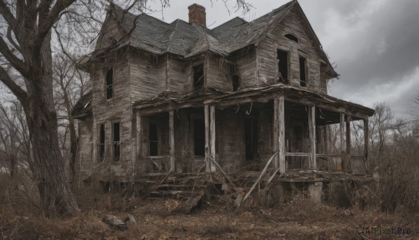 outdoors,sky,day,cloud,tree,no humans,window,cloudy sky,grass,building,scenery,stairs,fence,door,ruins,house,bare tree,fog,grey sky,rock,architecture