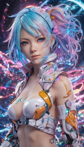 1girl,solo,breasts,looking at viewer,short hair,bangs,blue eyes,hair ornament,navel,cleavage,bare shoulders,jewelry,medium breasts,closed mouth,blue hair,swimsuit,upper body,ponytail,pink hair,bikini,multicolored hair,earrings,midriff,armor,blurry,two-tone hair,lips,eyelashes,blurry background,science fiction,realistic,nose,cable,cyborg,cyberpunk,small breasts,gradient hair