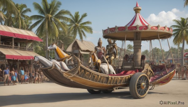 multiple girls,sitting,weapon,male focus,outdoors,multiple boys,sky,day,cloud,armor,tree,blue sky,umbrella,beach,helmet,ground vehicle,motor vehicle,6+boys,sand,palm tree,flag,watercraft,vehicle focus,boat,scenery,car,parasol,horse,beach umbrella,crowd,desert,people