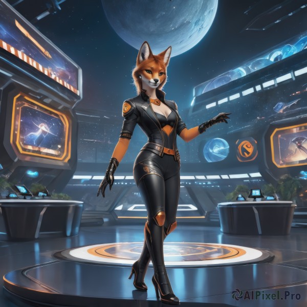 1girl,solo,breasts,looking at viewer,smile,short hair,gloves,animal ears,cleavage,jewelry,medium breasts,standing,jacket,tail,full body,short sleeves,small breasts,boots,open clothes,black gloves,pants,artist name,indoors,necklace,black footwear,high heels,open jacket,black jacket,fox ears,bodysuit,makeup,fox tail,black pants,moon,knee boots,plant,fox girl,star (sky),claws,furry,high heel boots,starry sky,colored sclera,walking,science fiction,furry female,black bodysuit,potted plant,space,planet,earth (planet),spacecraft,constellation,globe,orange fur,galaxy,blue eyes,sky,belt,orange hair,night,leather,monitor,snout,leather jacket,cyberpunk,holographic interface