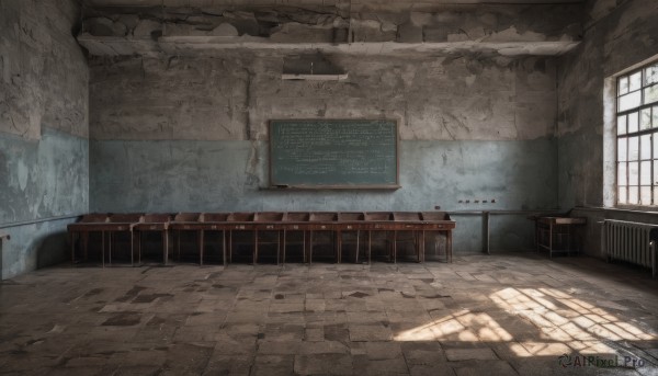 day,indoors,no humans,window,shadow,chair,table,sunlight,scenery,desk,classroom,wall,ruins,chalkboard,school,light rays,stairs,sign,door