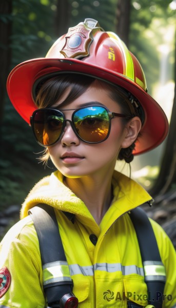 1girl,solo,looking at viewer,short hair,brown hair,hat,brown eyes,jacket,upper body,outdoors,parted lips,day,blurry,tree,lips,blurry background,watermark,sunglasses,nature,baseball cap,red headwear,forest,realistic,nose,yellow jacket,tinted eyewear,aviator sunglasses,bangs,black hair,hair ornament,green eyes,hair bun,swept bangs,sunlight,single hair bun,zipper,backlighting,pocket