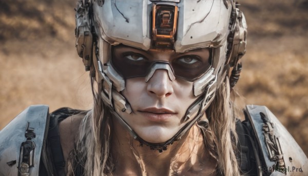 1girl,solo,long hair,looking at viewer,blonde hair,brown hair,brown eyes,closed mouth,armor,blurry,lips,blurry background,helmet,portrait,science fiction,realistic,straight-on,dirty,scar,goggles,close-up,cyborg,power armor